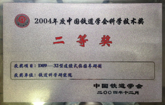 2004年度中国铁道学会科学技术奖二等奖证书